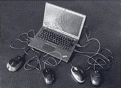 black and white dithered image of a boxy laptop. Four computer mice are gathering around it, their cables are plucked into the laptop, convivially curling and intertwining with each other.